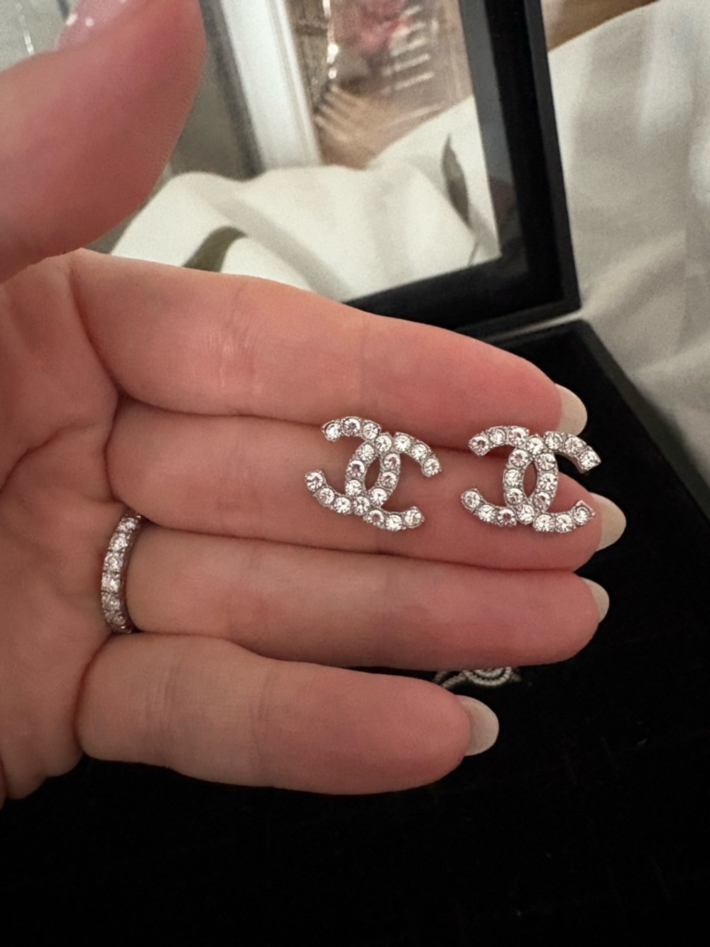 Crystal Interlocking CC Stud Earrings - Silver Tone